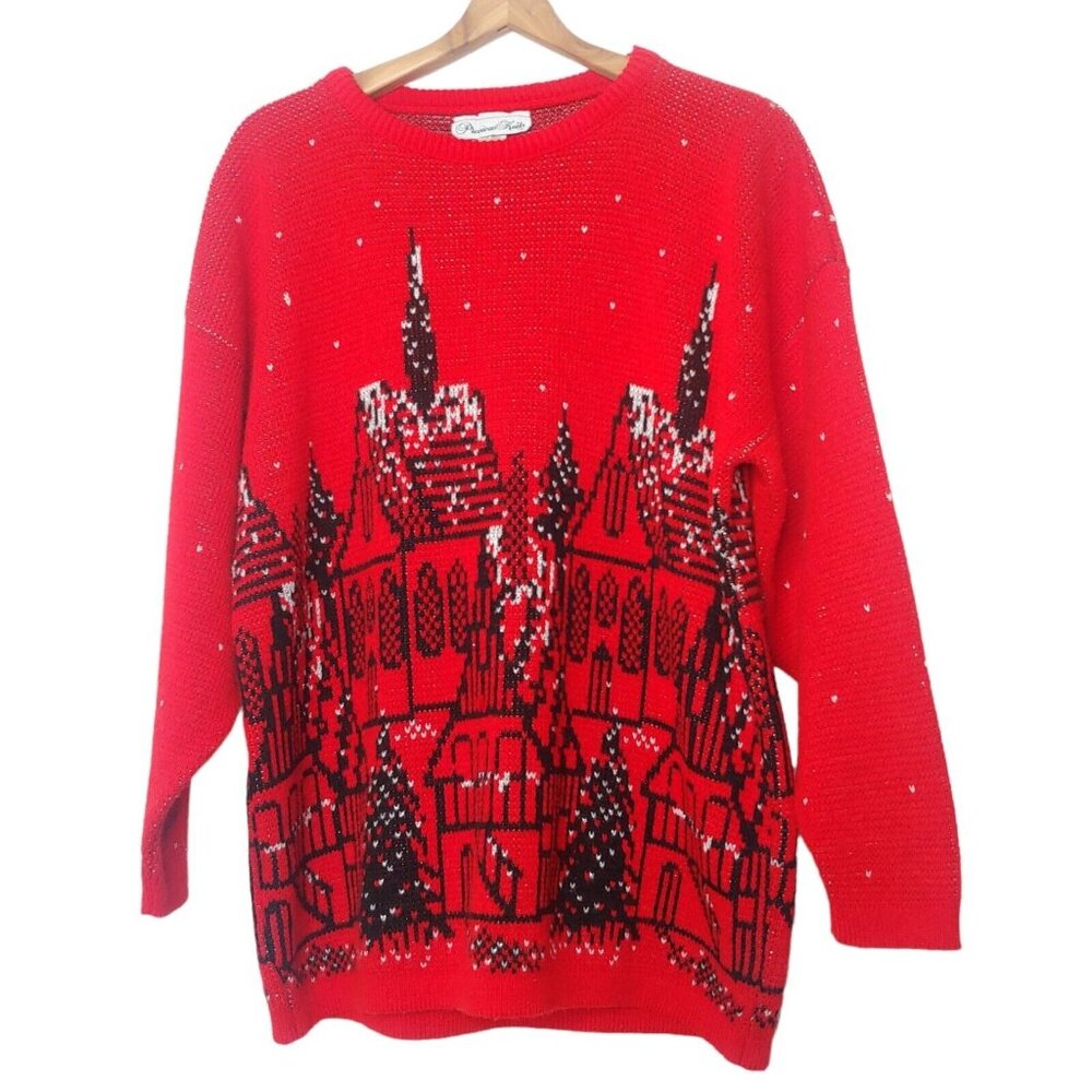 Vintage Christmas Village Precious Knits Womens Plus Size 42 22W Sweater Red